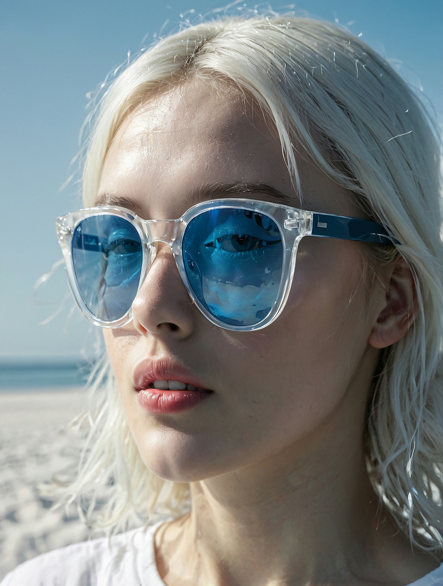 Close-up portrait with blue mirrored sunglasses at the beach