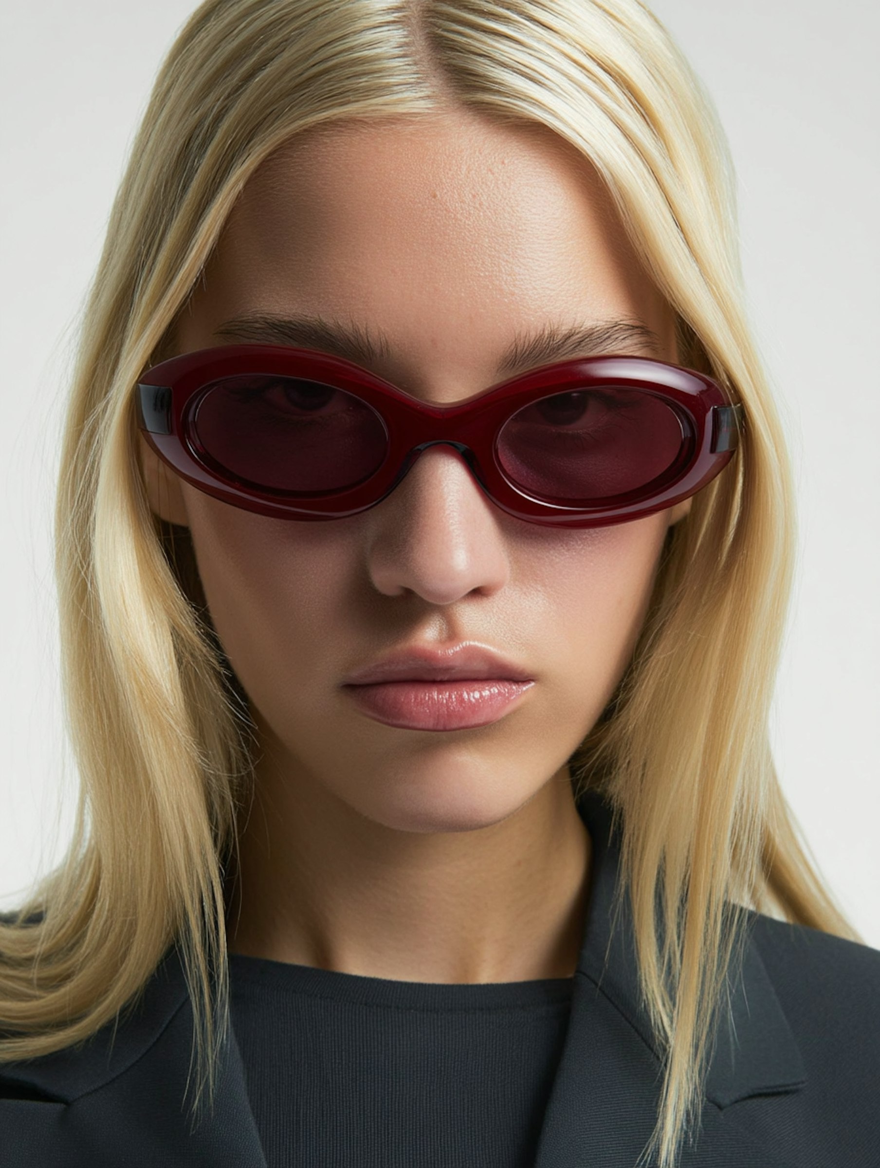 Portrait wearing dark wine-red oval sunglasses