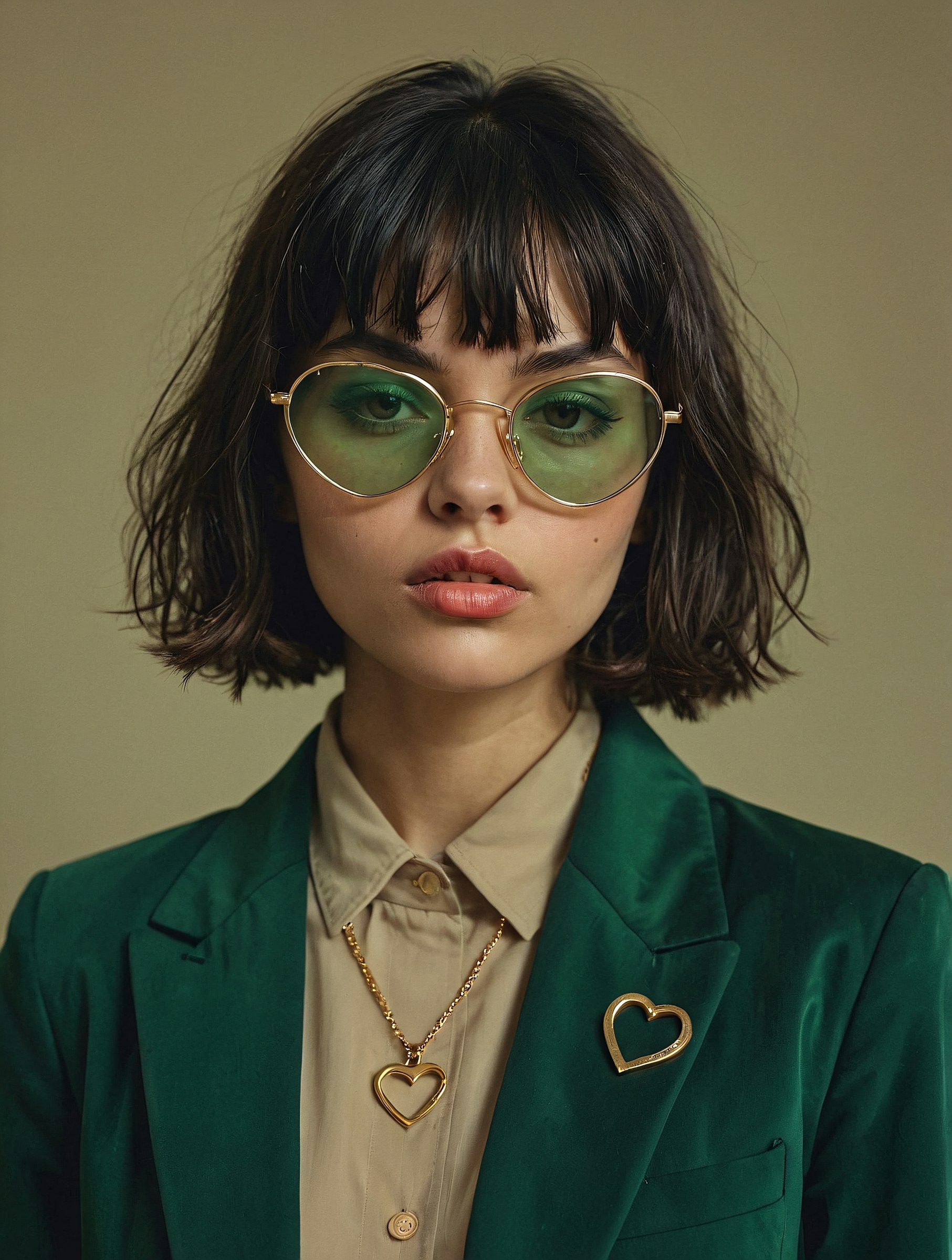 Model wearing green-tinted round sunglasses