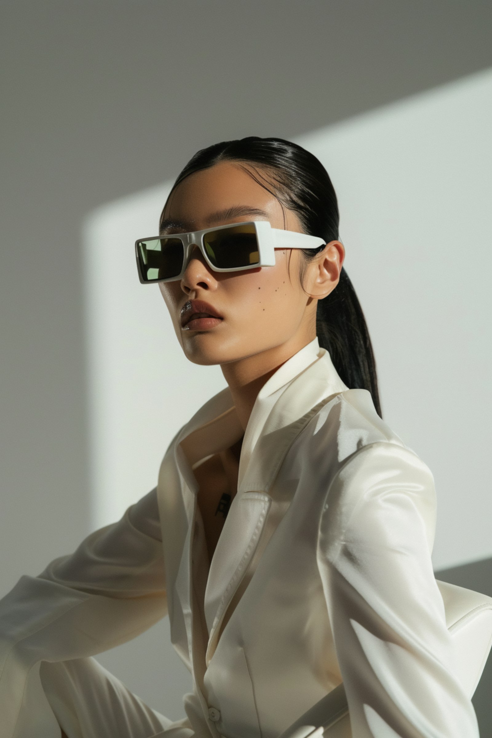 Studio portrait wearing white rectangular sunglasses