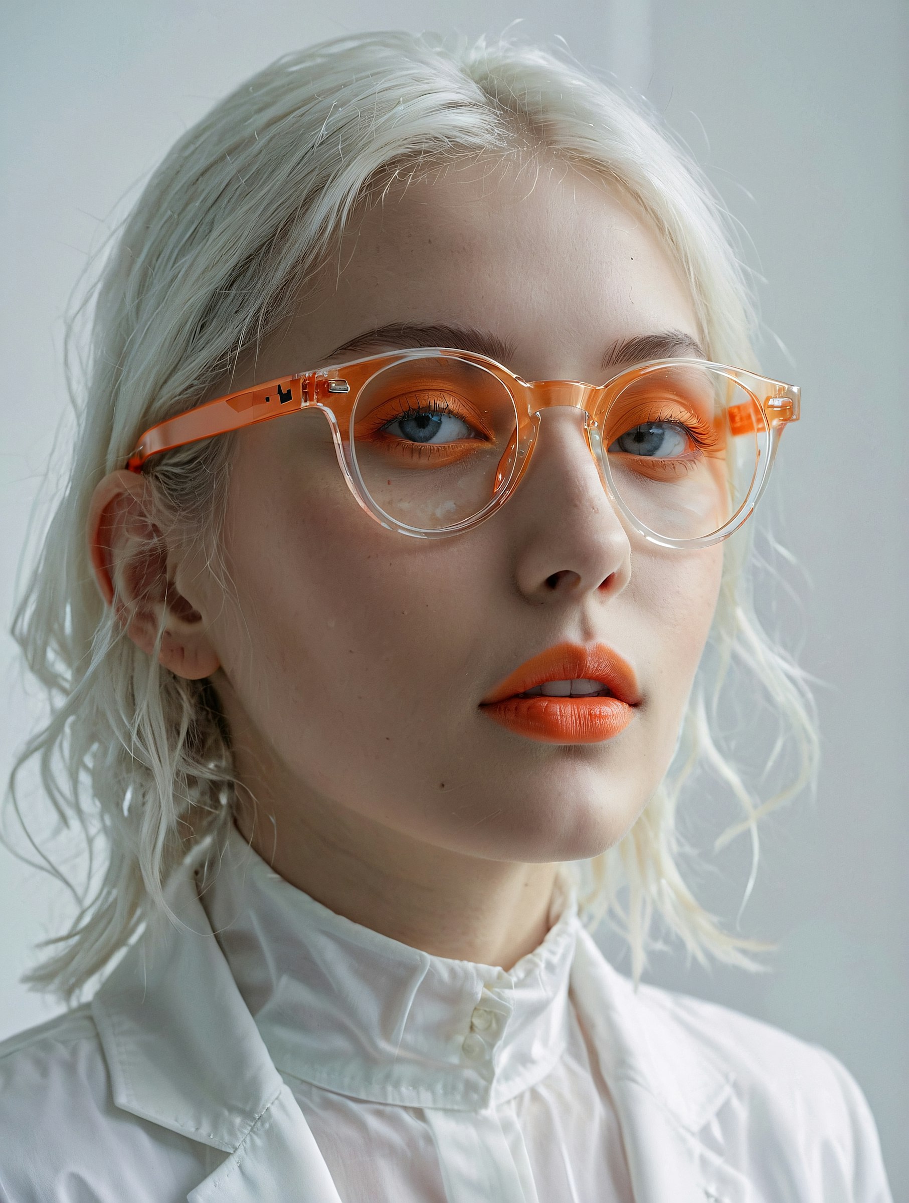 Studio portrait wearing orange round sunglasses against a plain backdrop