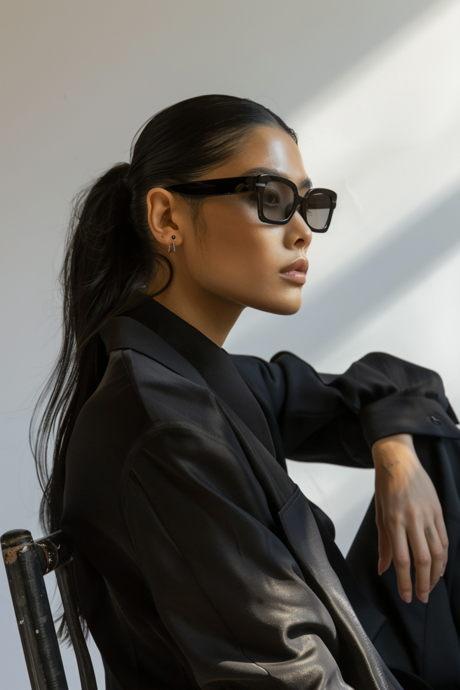 Model wearing white rectangular sunglasses in a studio setting