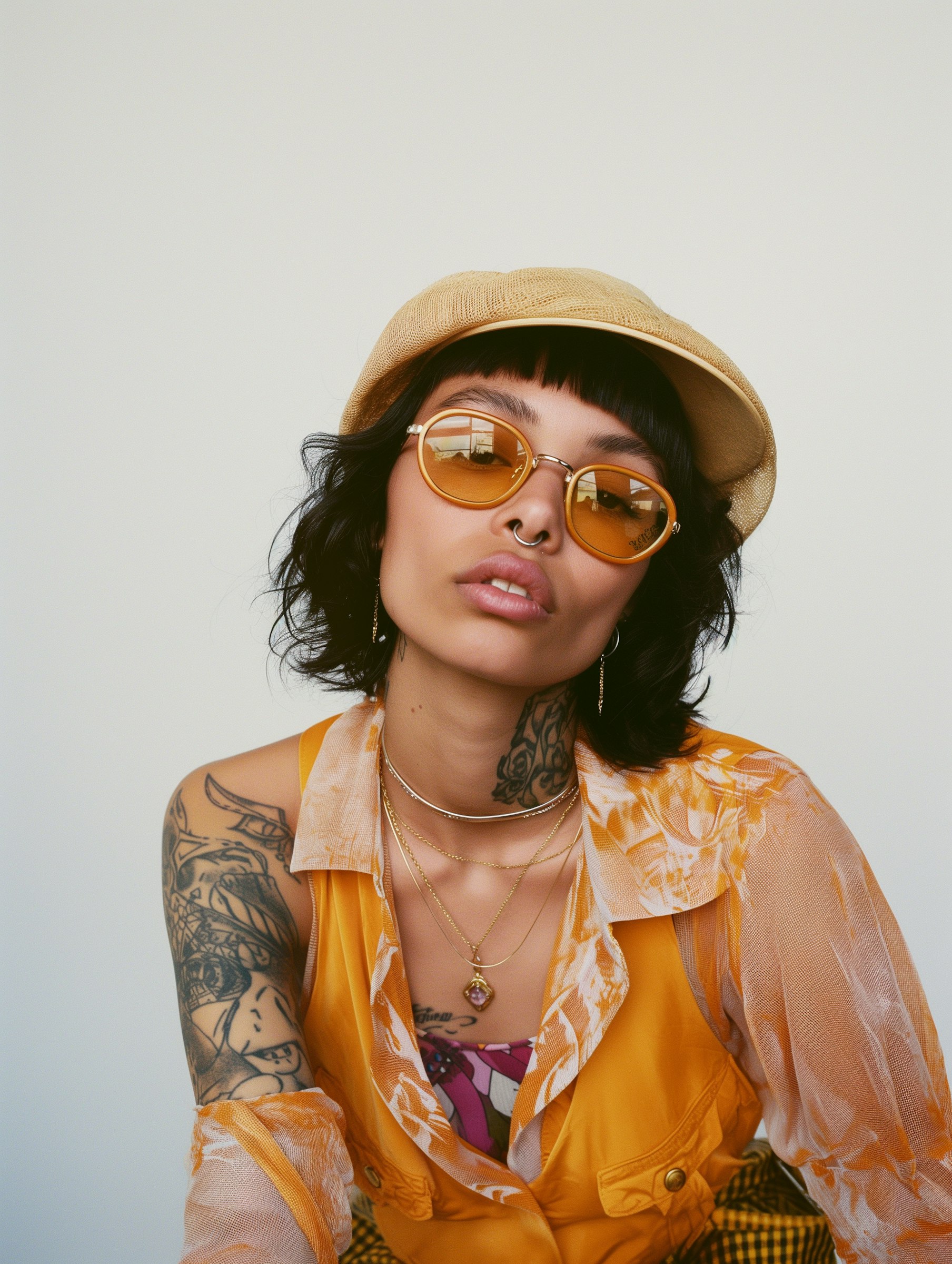 Model with tattoos wearing yellow-tinted round sunglasses