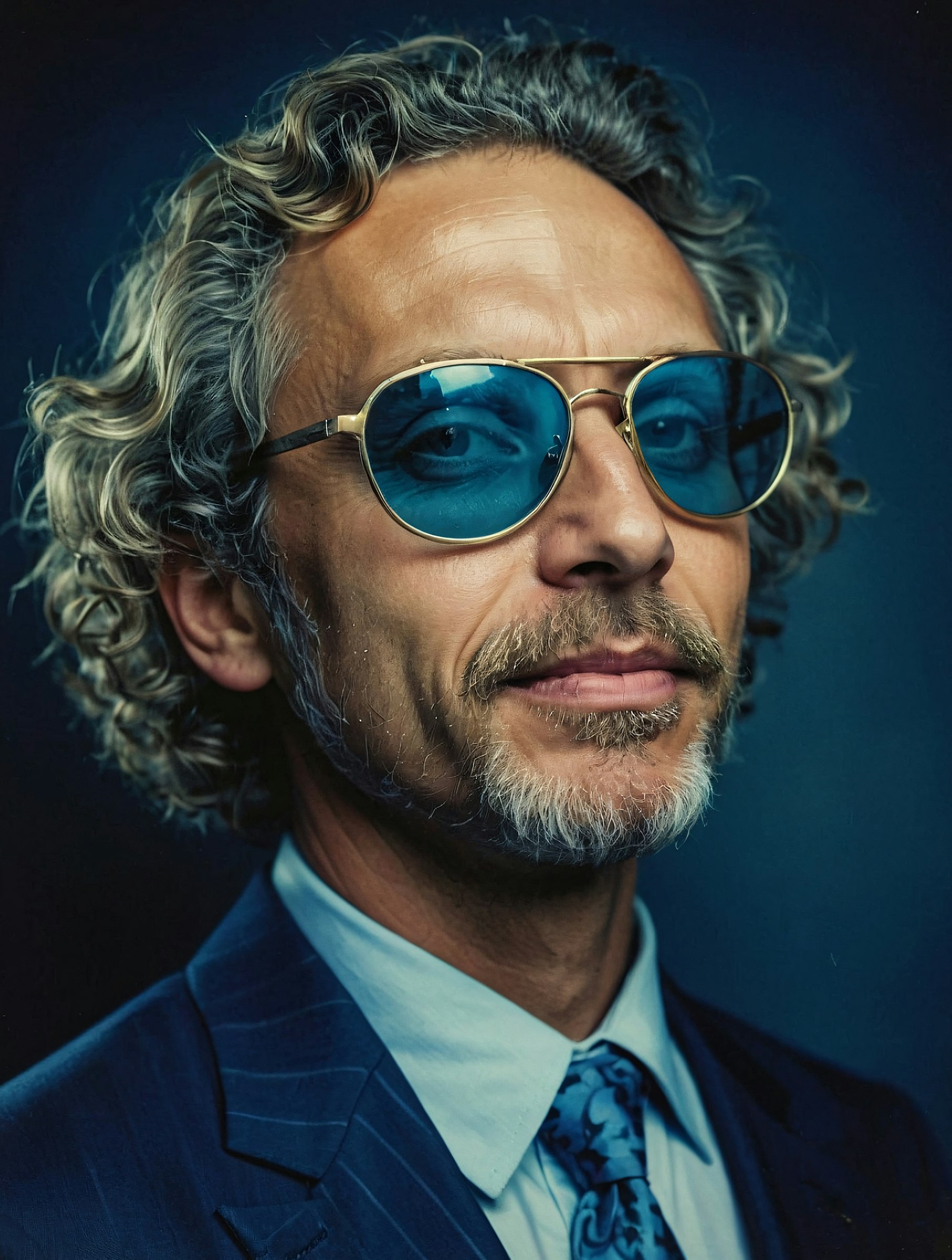 Portrait wearing blue mirrored aviator sunglasses