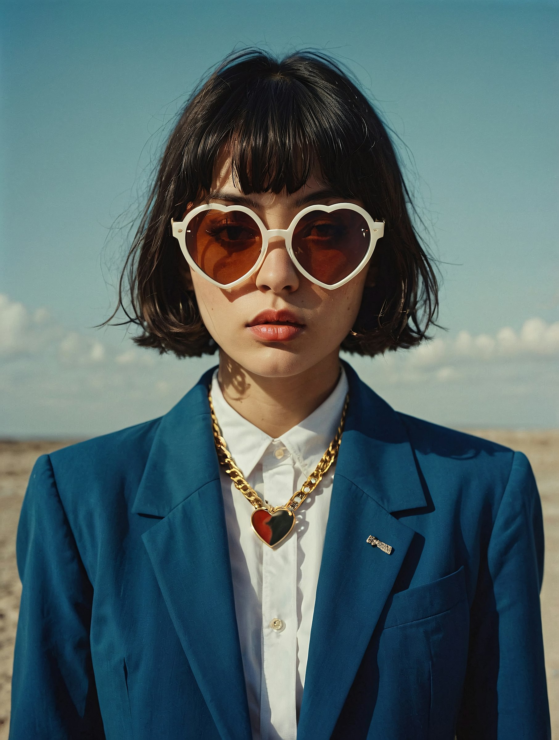 Portrait wearing green sunglasses with heart jewelry