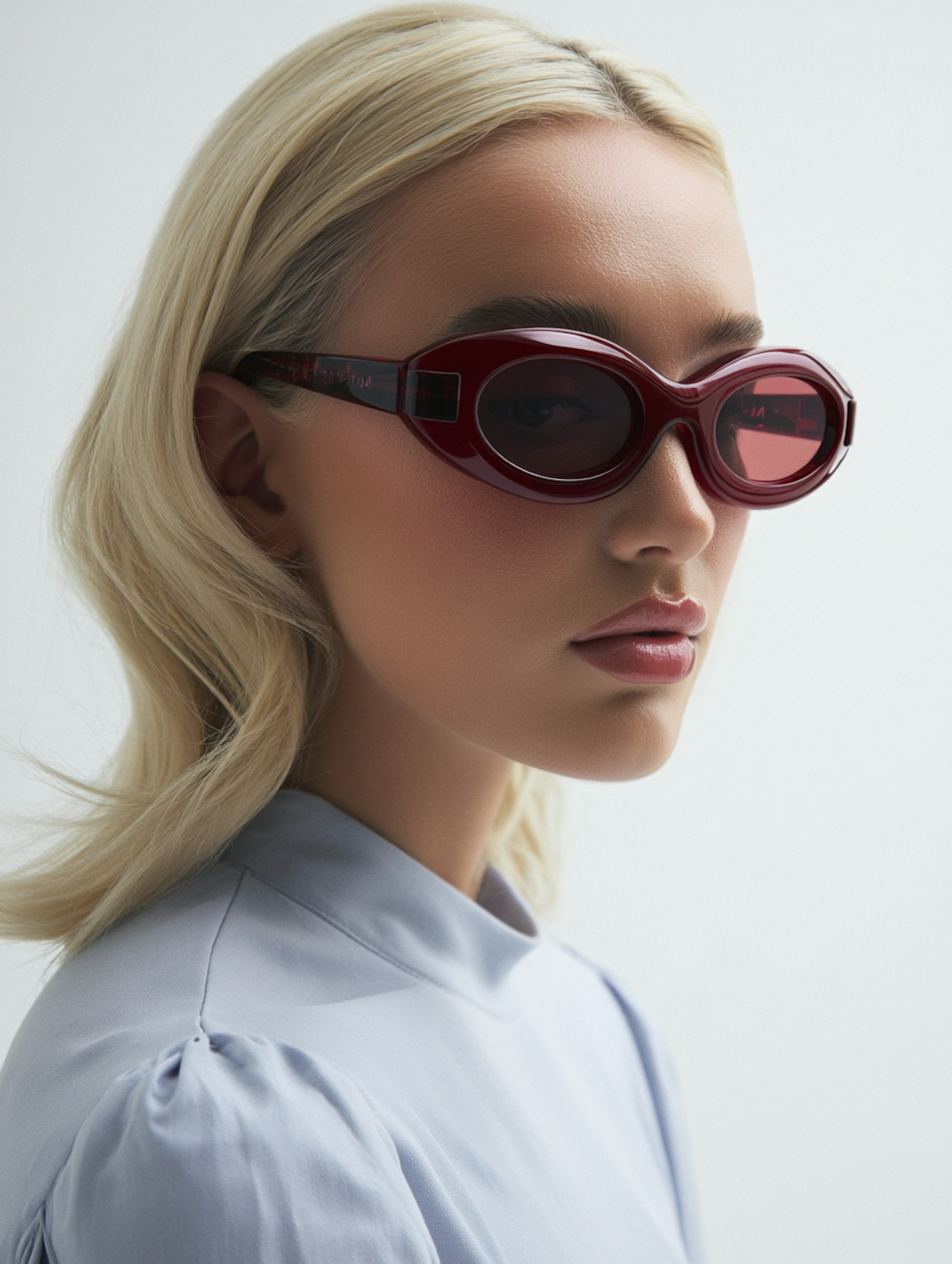 Model wearing dark red oval sunglasses