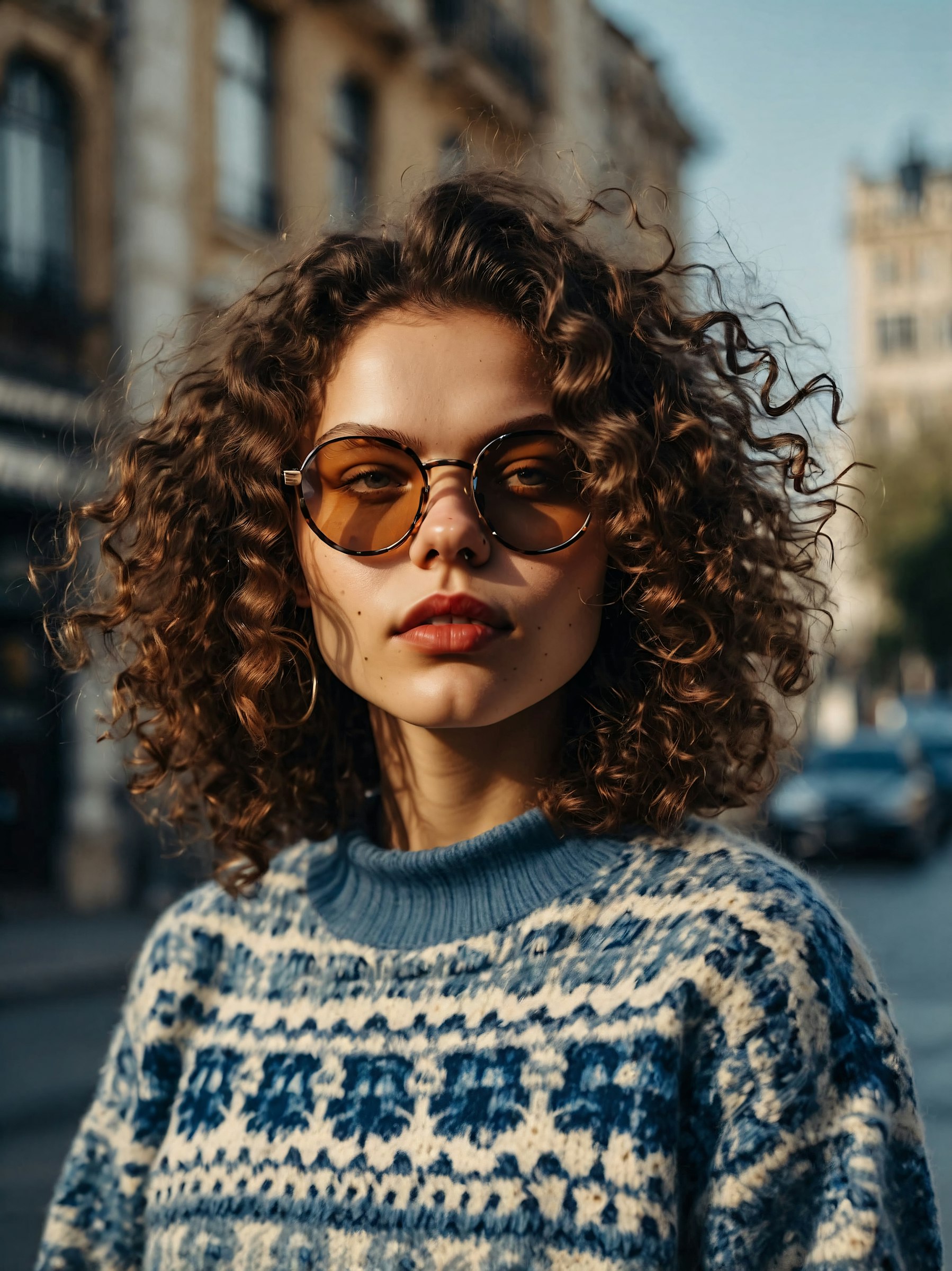 Model wearing amber round sunglasses on a city street