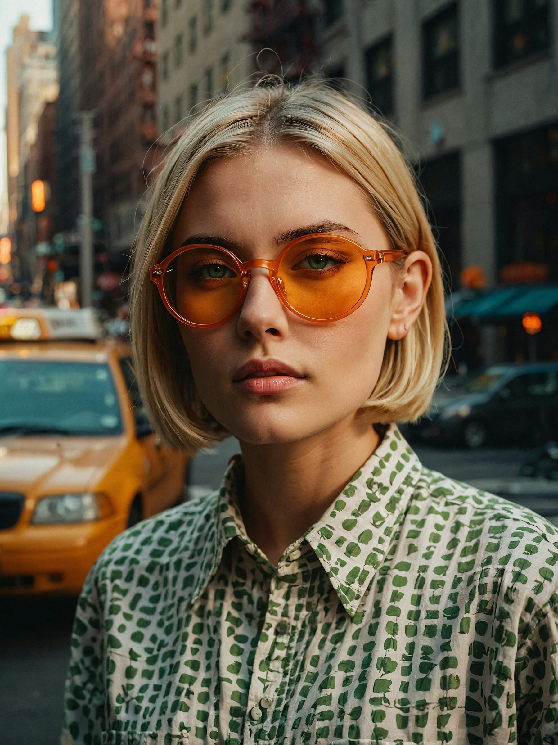 Woman wearing orange round sunglasses on a New York street
